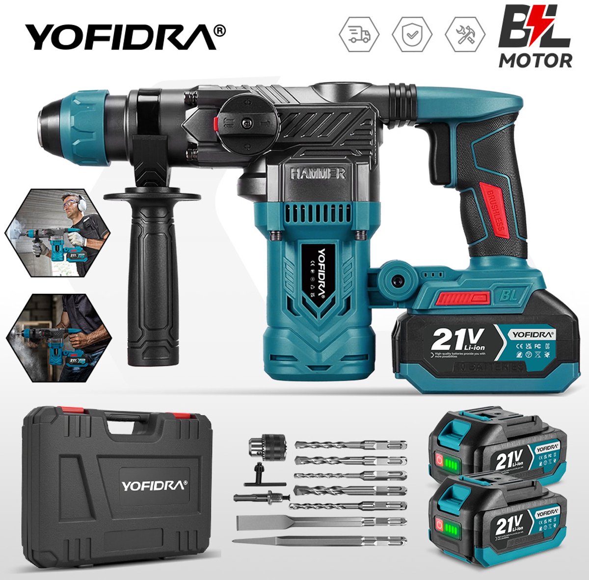 Yofidra 21V Accu boorhamer – Borstelloze motor, 52000RPM, 6400IPM, 26mm boorcapaciteit – moeiteloos door beton en staal