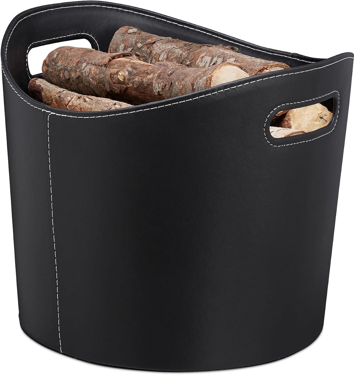 Haardhoutmand van Kunstleer – Grote Houtmand met 2 Handgrepen – 38 x 39,5 x 31,5 cm – Stevige Brandhoutmand – Zwart – Voor Haardhout, Kranten, Tijdschriften en Speelgoed