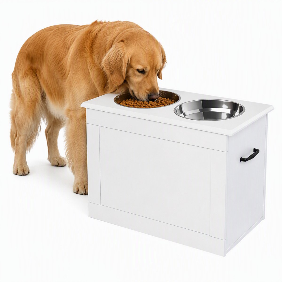 ECTEATOY® Voerbak Hond - Hondenvoerbak met Opbergruimte - 2 RVS Voerbakken - voor Grote Honden - Wit - 60 x 30 x 41 cm