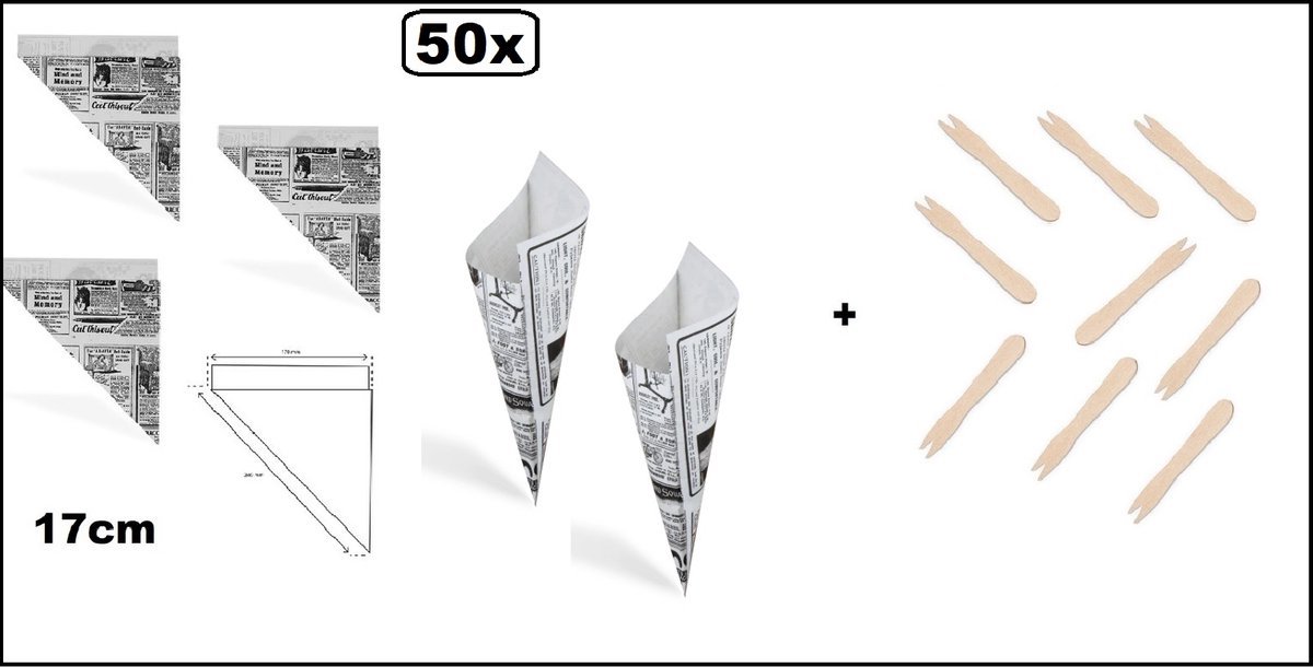 50 stuks Frietzak krant 17cm papier + 50x houten frietvorkje - Festival thema feest evenement friet patat