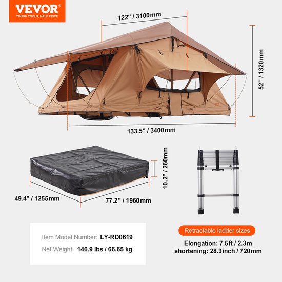 VEVOR Daktent met Harde Schaal, Autotent voor 2-3 Personen, Opvouwbare Daktent met Harde Schaal, Verstelbare Telescopische Laadtrap en Matras, Waterdicht en UV-Beschermend voor Jeep, SUV, Bestelwagen en Pick-Up van Vevor — afbeelding 4