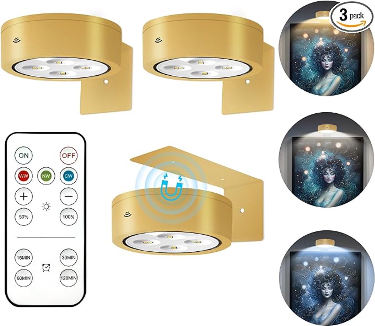 KZQ Schilderijverlichting - Draadloze wandlamp voor kunst, 3 kleurtemperaturen en RGB, met timer - Oplaadbaar, magnetisch, voor thuis, galerij, tentoonstelling - 3 stuks, goud