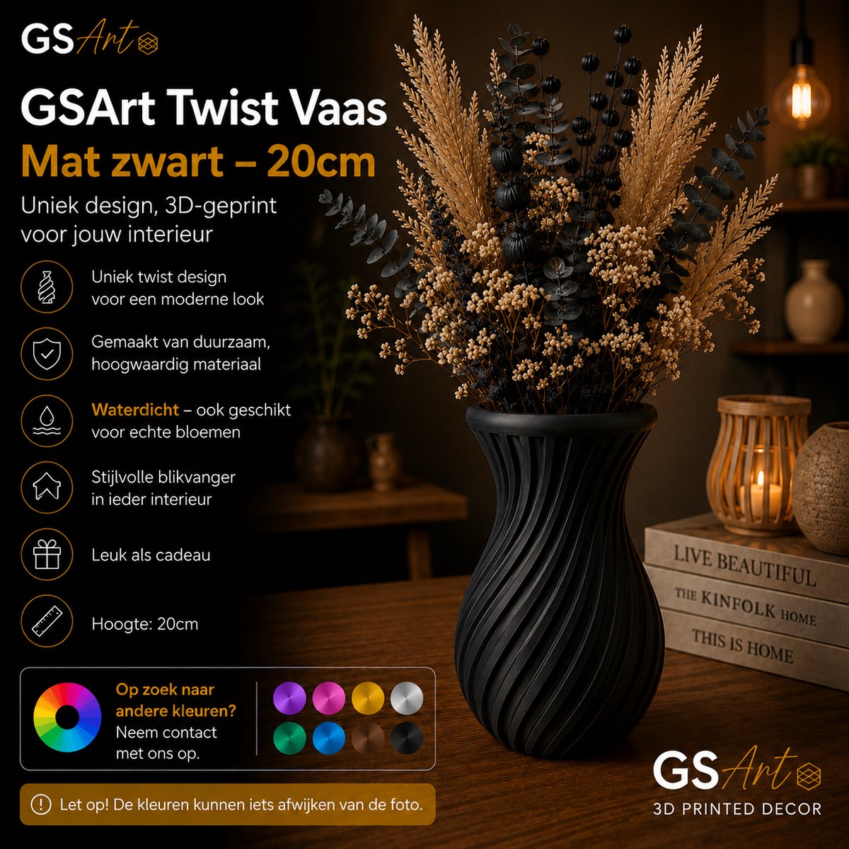 GSArt Twist Vaas 20 cm – Waterdichte 3D Geprinte Design Vaas - Mat Zwart
