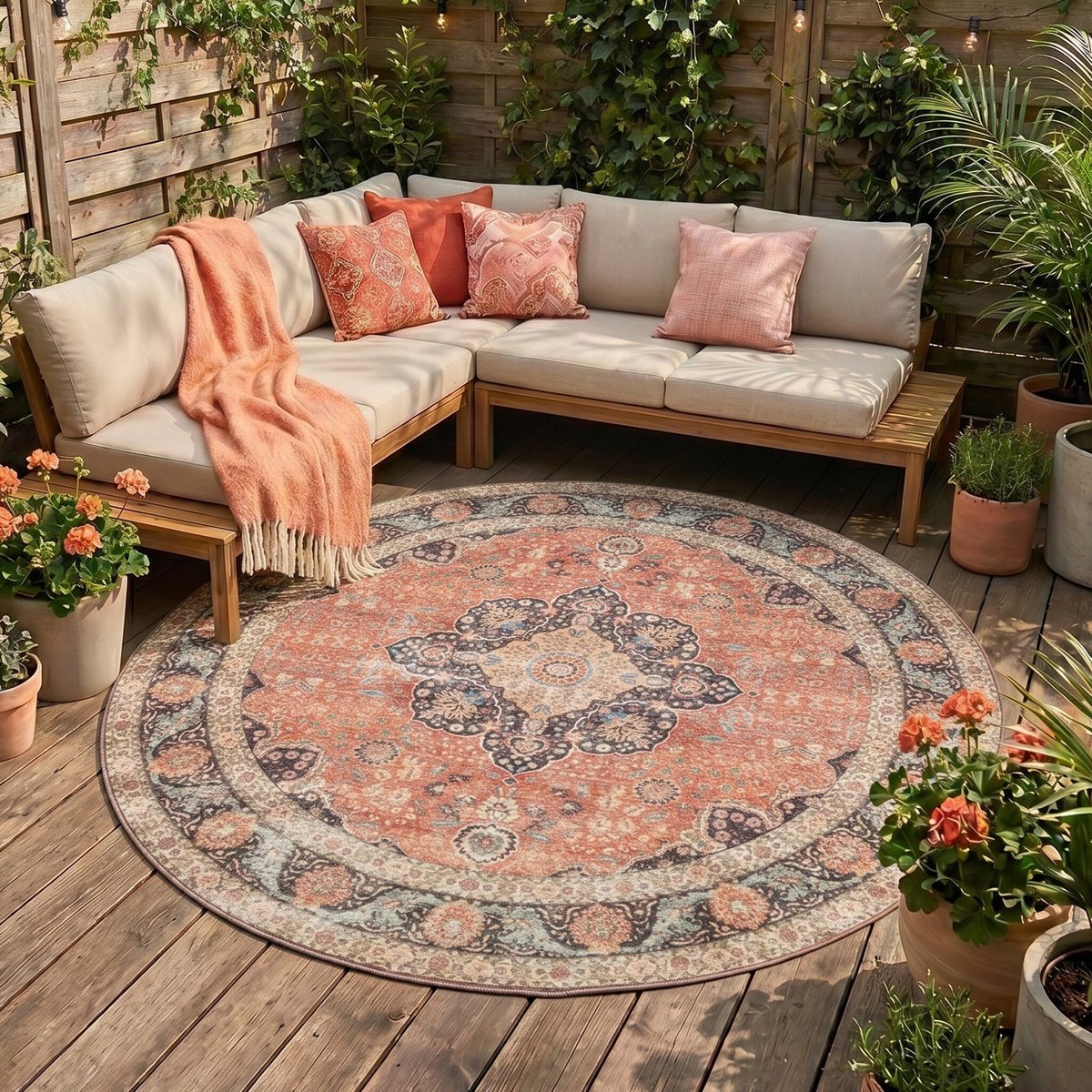 Fraai Rond binnen- en buitenkleed - Kairo Medaillon Terracotta/Donkerblauw - Ø 160cm
