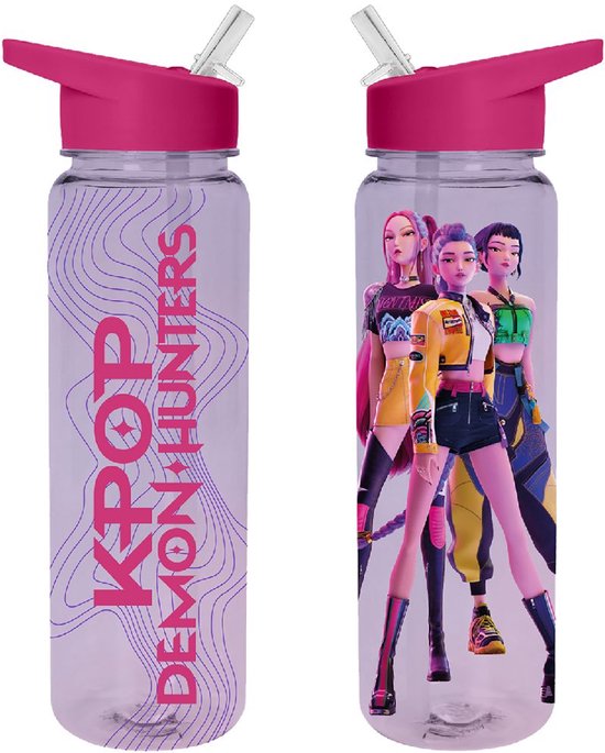Transparante drinkfles met roze dop, met KPOP DEMON HUNTERS tekst en drie anime-stijl figuren.