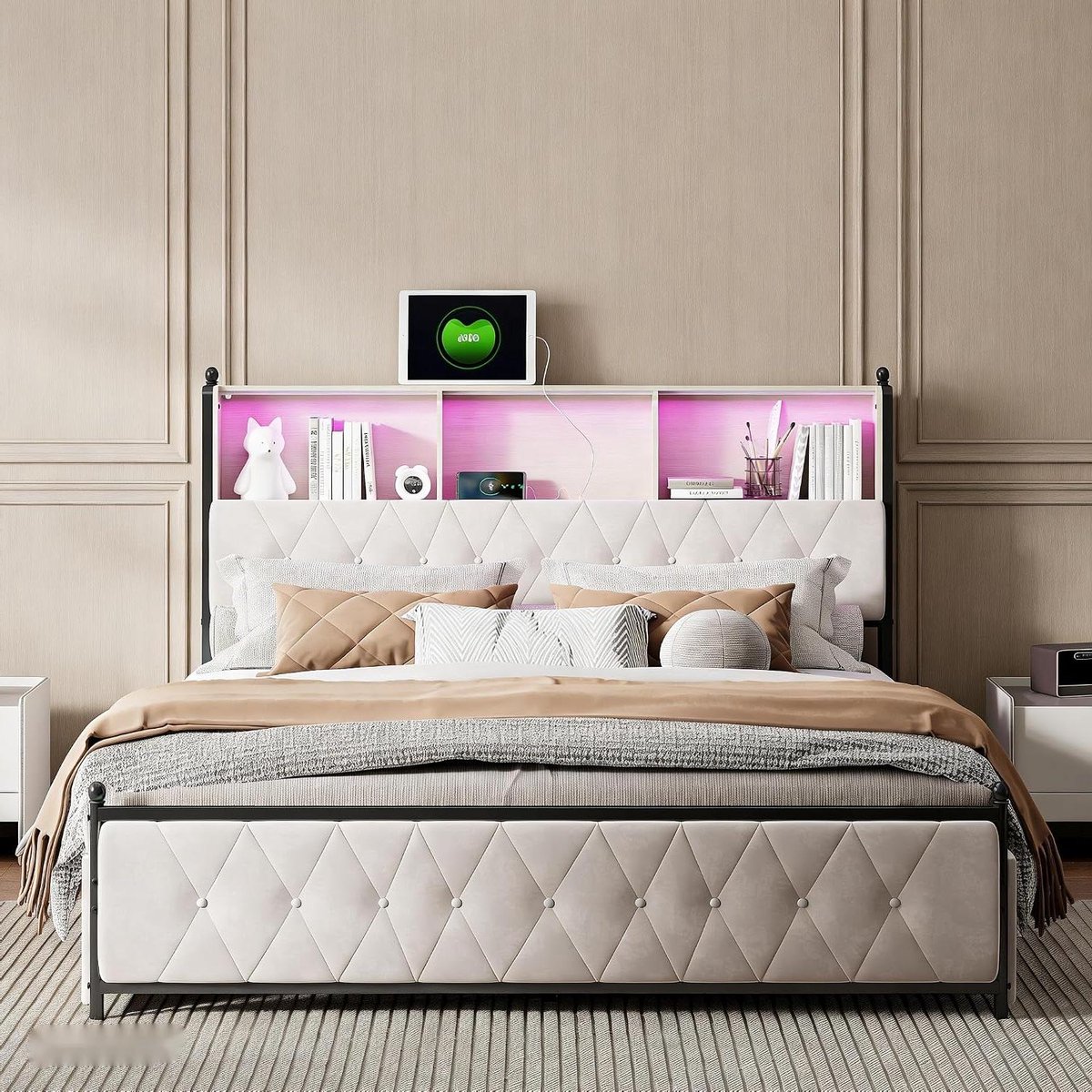 Gecapitonneerd Bed - Tweepersoonsbed Hoofdeinde - Moderne Slaapkamer - Ingebouwde Oplaadpoorten - 160x200 cm - Beige