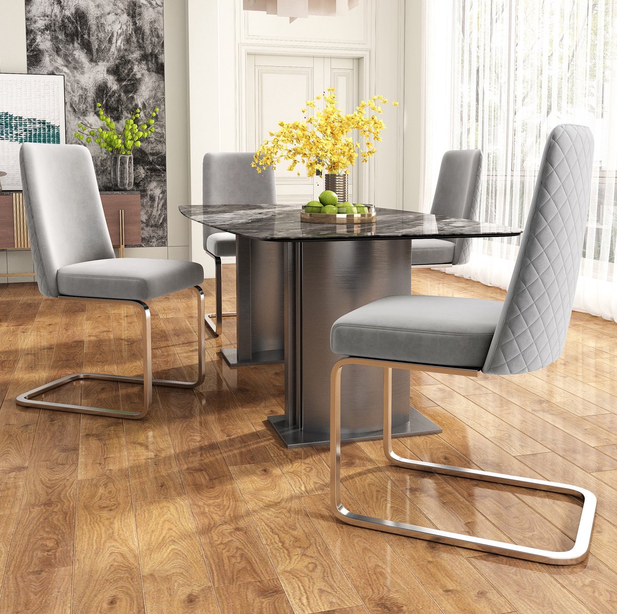 OKWISH Eetkamerstoel – Set Van 4 – Velvet – Grijs Met Zilverkleurig Metalen Onderstel – Gestikt Ruitpatroon – 88 cm – Voor Eetkamer En Woonkamer