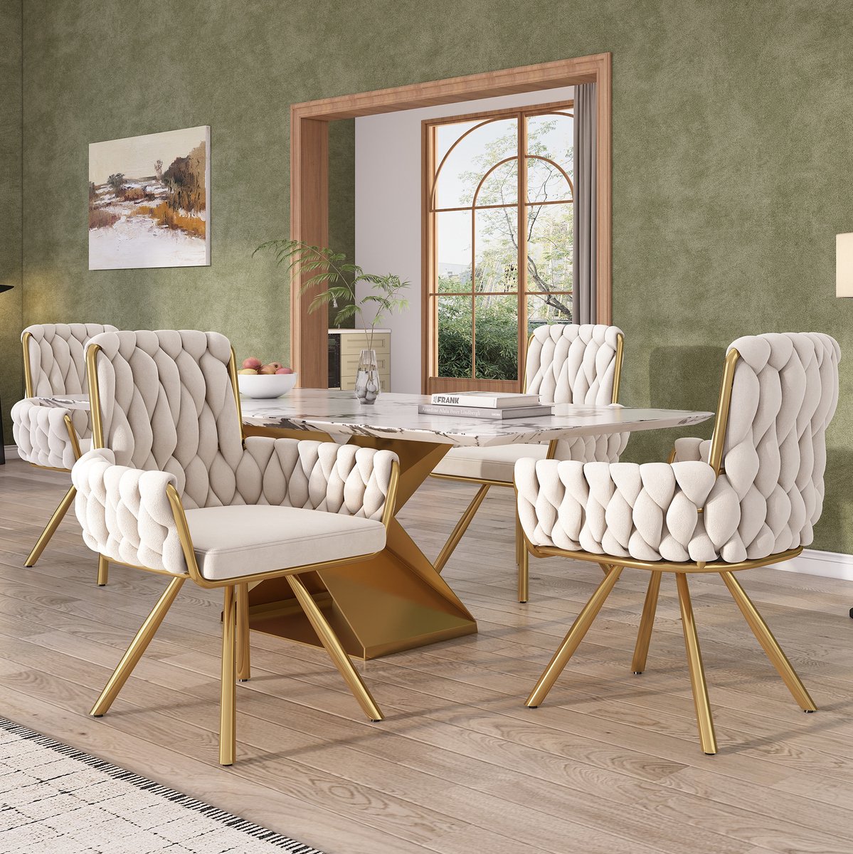 OKWISH Eetkamerstoel - Set Van 4 Draaibare Velvet Kuipstoelen Met Armleuningen - Comfortabel Voor Eetkamer En Woonkamer - Metaal - Beige
