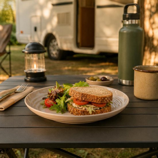 Sandwich met volkorenbrood, salade en tomaten op een beige bord, met olijven en een thermosfles ernaast.
