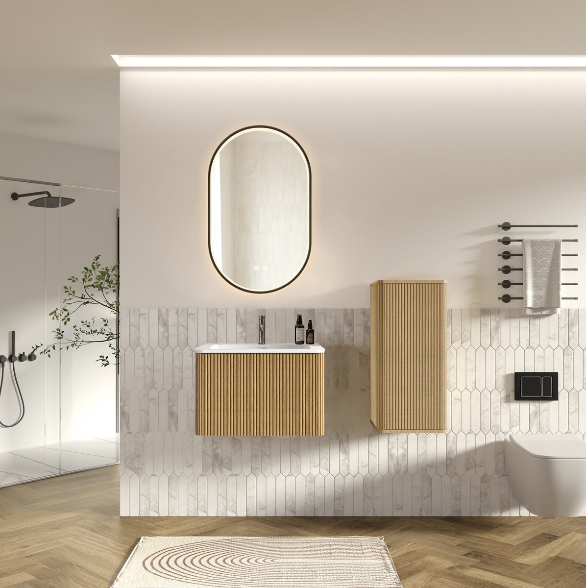 MIVRAY Kast - Wandhangende Badkamerkast Met Wastafel En Led Spiegel - Modern Minimalistisch Voor Kleine Badkamers - Eikenhout - 61 Cm