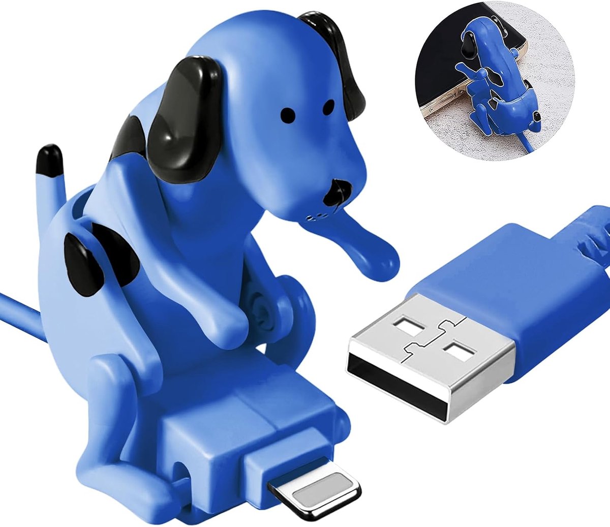 Funny Dog Fast Charger Cable, Dog Charging Cable, Portable Dog Toy USB Cable Charger, Geschikt voor USB-Lightning, Grappige Oplaadkabel voor Smartphones, Bewegend Speelgoedhondje-Blauw
