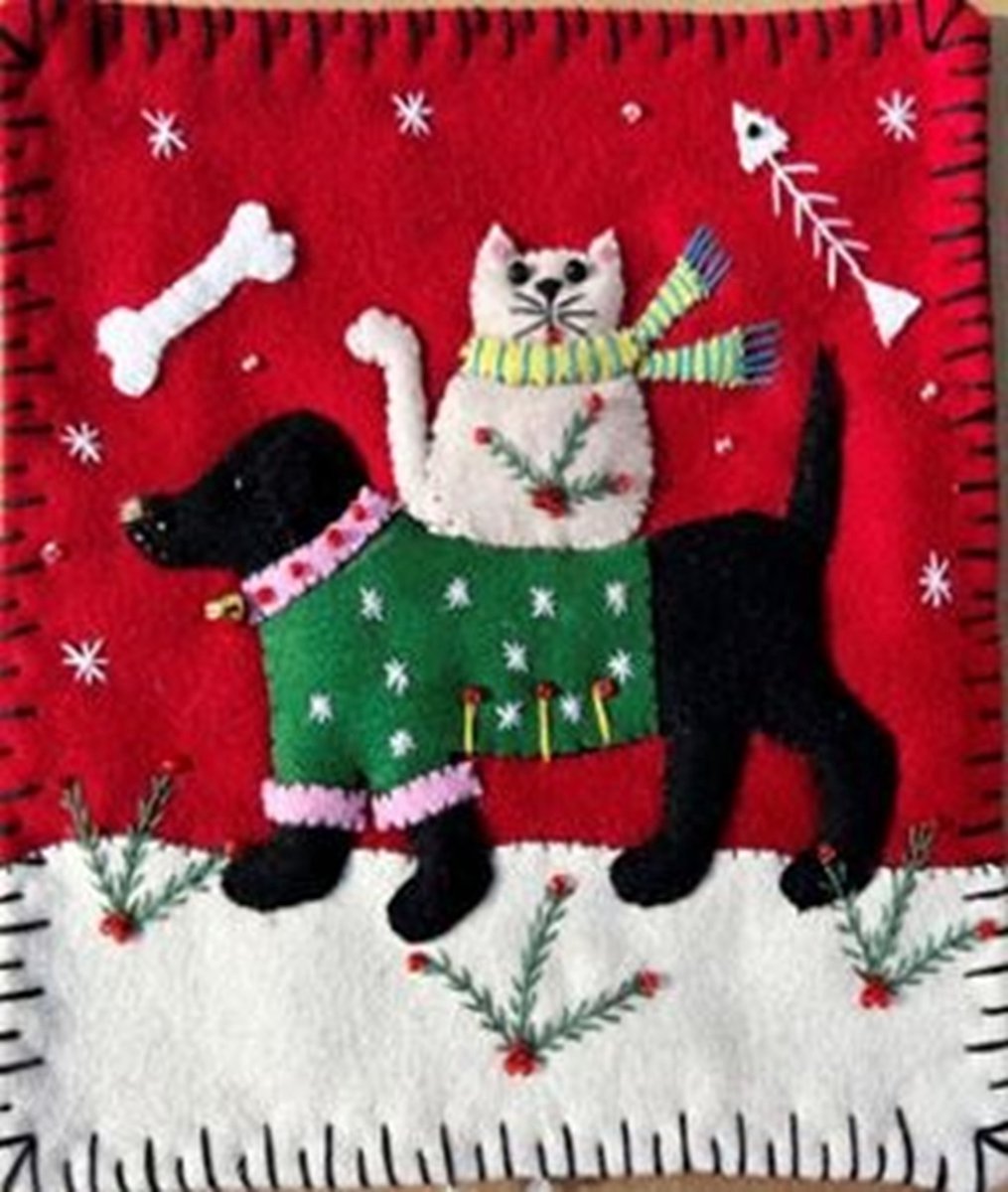 Kussen hond met kat rood, vilt incl vulling 10x10x10cm