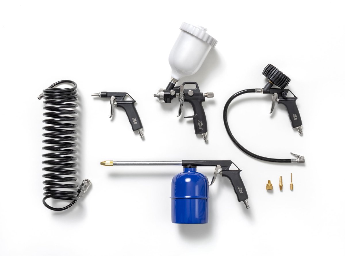 FIAC 8-delige compressoraccessoireset incl. opblaaspistool, 3 adaptersproeiers en slang, blaaspistool, waspistool - ShopVlot