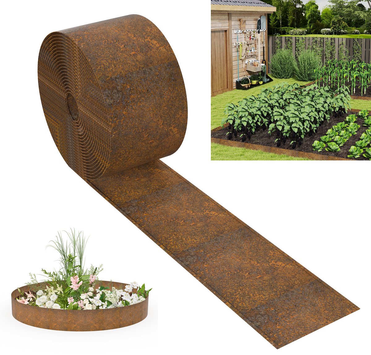 Froadp 20 meter gazonrandafscheiding, 18 cm hoog, bloembedafscheiding, verroest effect, flexibele bloembedafscheiding, verroest metaal, gazonrandafscheiding, metaal, geschikt voor bloembedden en paden, eenvoudige montage – recht model