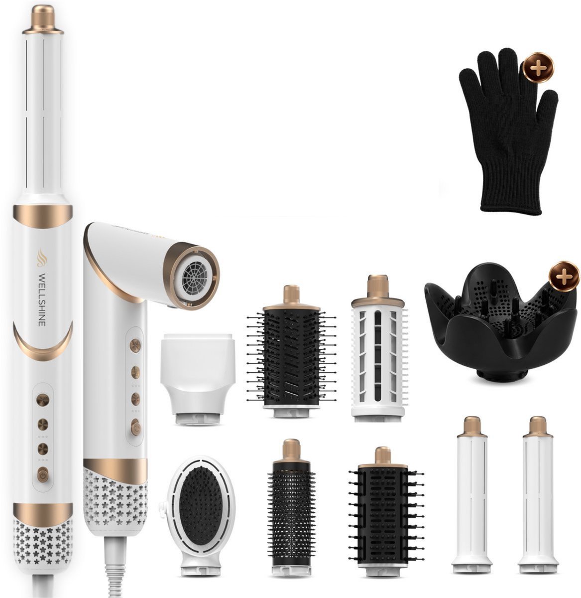Wellshine 9 in 1 Airstyler Nova - Multistyler met diffuser - Föhn, Haarstyler & Haardroger - Haarstyler, Krulborstel & Krultang voor Drogen en Stylen - Wit