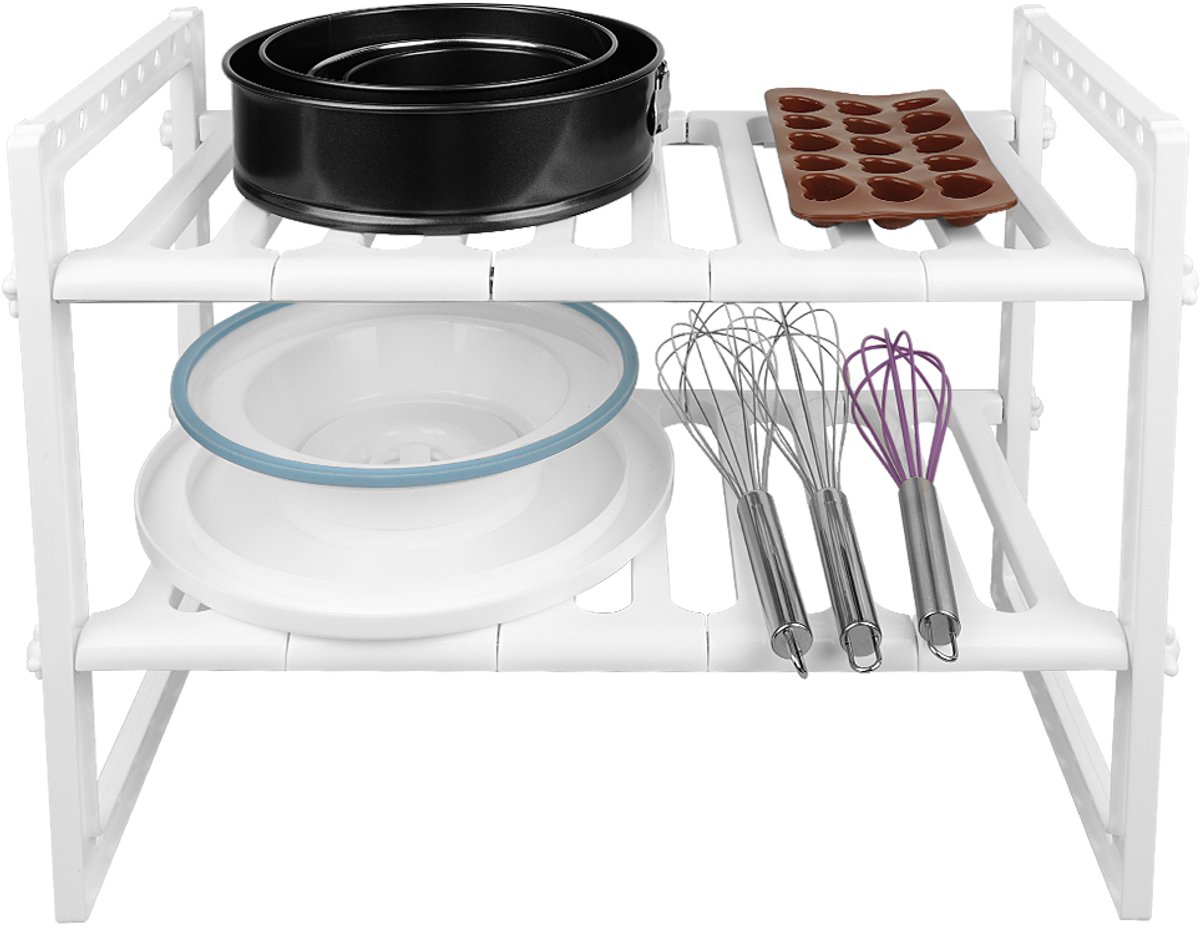 PIPIPOXER Gootsteenkast Organizer - Gootsteenrek - Afwasrek– Uitrekbaar 38 Tot 70 cm – Opbergrek - RVS- Keukenrek-Keukenkastorganizers – Pannenrek- Aanrecht -Wit
