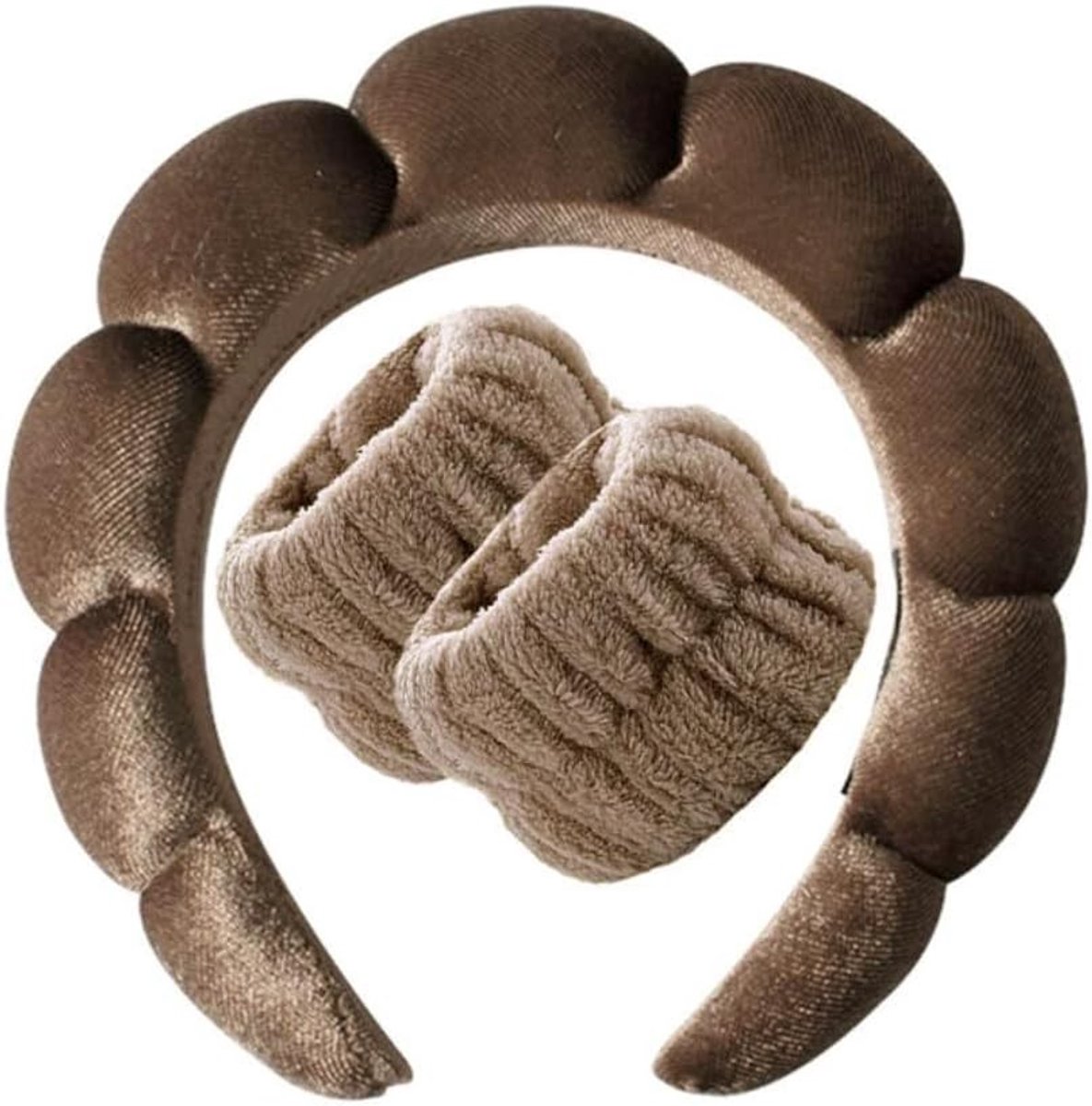 Zachte Velours Hoofdband en Armband Set voor Dames - Ideaal voor Make-up, Yoga en Schoonheid Behandelingen in Bruin
