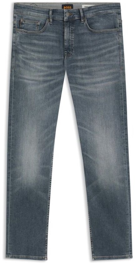 Blauwe BOSS jeans met een vervaagde wassing, vijf zakken en een knoopsluiting.
