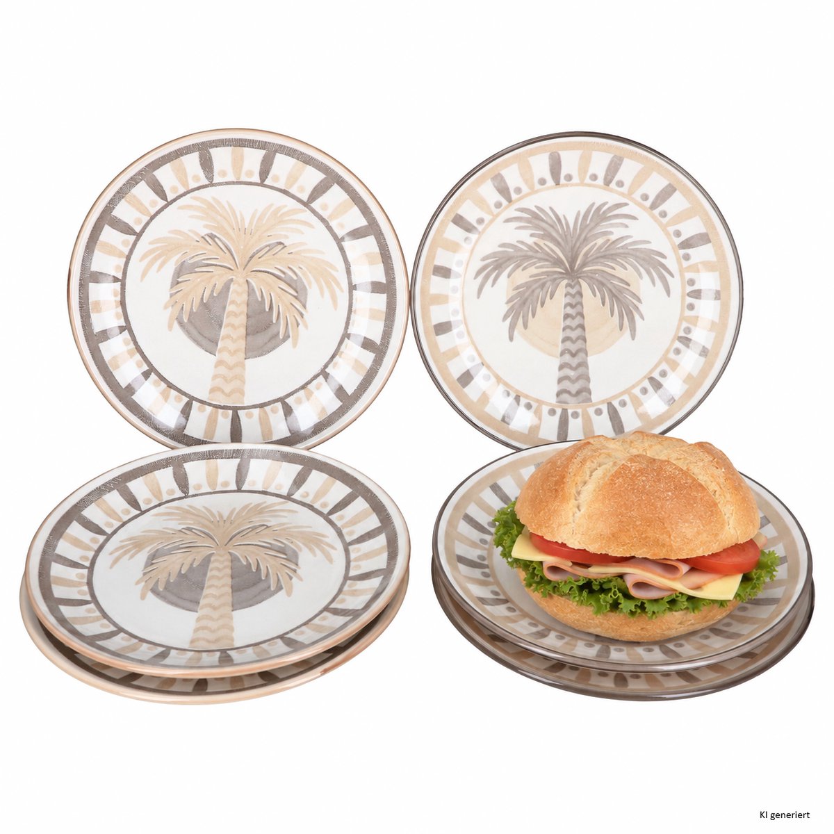 6-delige set PALME Bruin & Beige Taartborden 3x bruine & 3x beige palm uit steengoed – 24325133