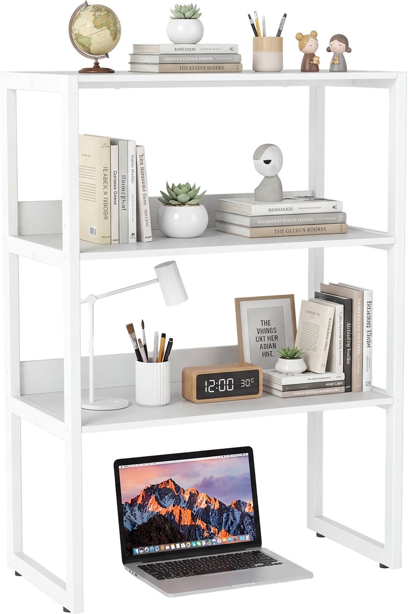 COSTWAY 3-traps bureauplank, boekenplank met verstelbare voetkussentjes, bureau-opzetplank met 2 kantelbeveiligingen, staande plank voor kantoor & woonkamer, 64 x 33 x 90,5 cm