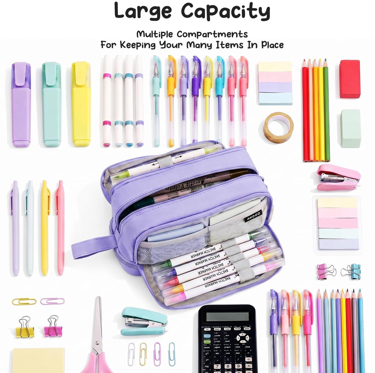 Eucomir Grote capaciteit etui met 4 compartimenten voor meisjes jongens, grote etui briefpapier organizer esthetisch - ShopVlot
