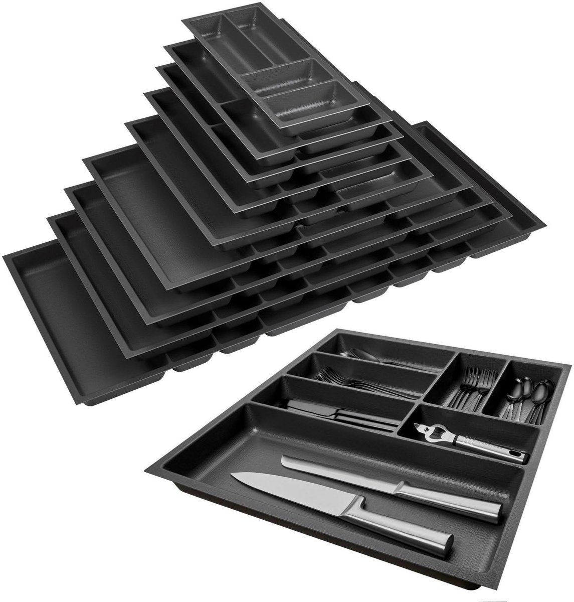 Famanu – Besteklade organizer, diepte 473 mm en breedte 491 mm, antraciet, ideaal voor het organiseren van bestek in de keuken