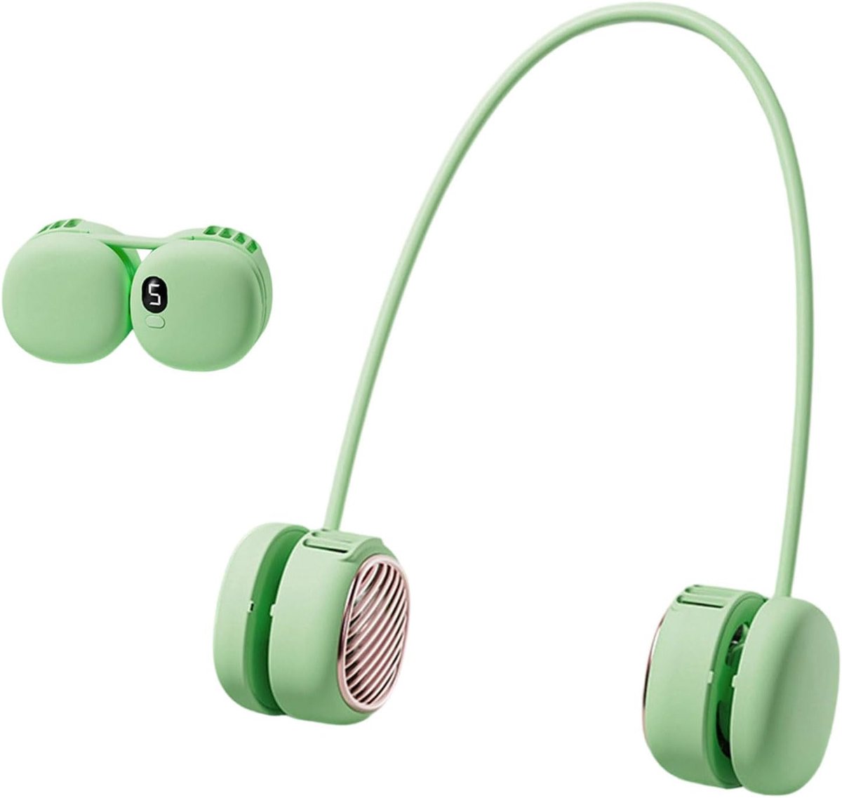 Nekventilator - Ventilator - Draagbaar - Persoonlijke verkoeling - 5 windsnelheden - Digitaal display - 360° Verstelbaar - USB oplaadbaar - Lichtgewicht en koel - Opvouwbaar en bladloos - Mini hangventilator, perfect voor zomerse uitstapjes, groen