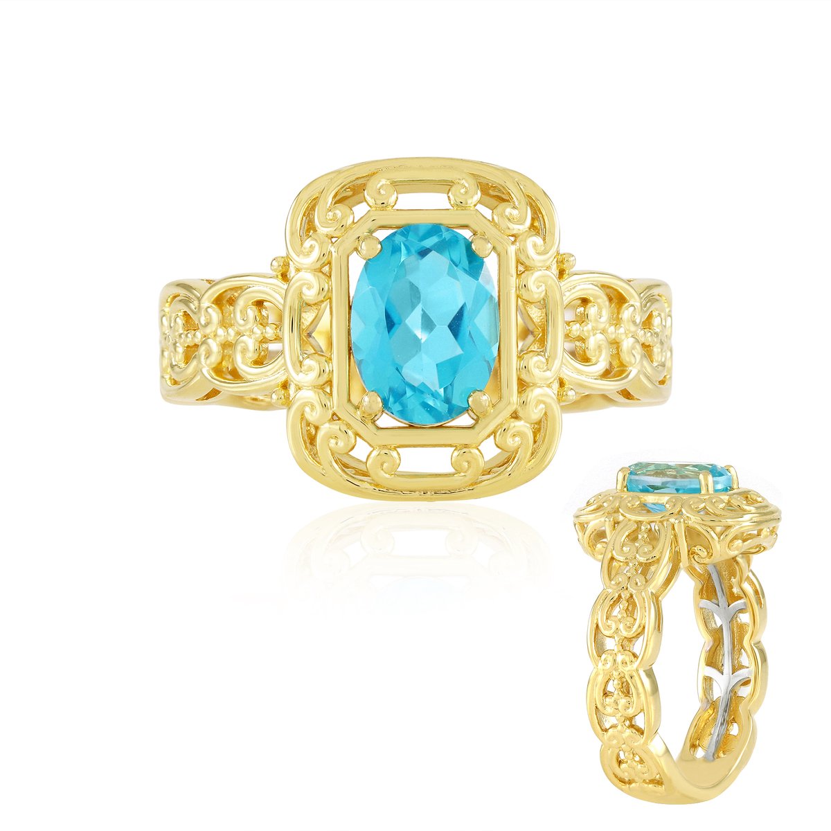 Cavill - Verstelbare Zilveren Ring - 925 Sterling Zilver Verguld - 1,359 ct Paraiba Blauwe Topaas Ovaal - Elegant Handgemaakt Sieraad