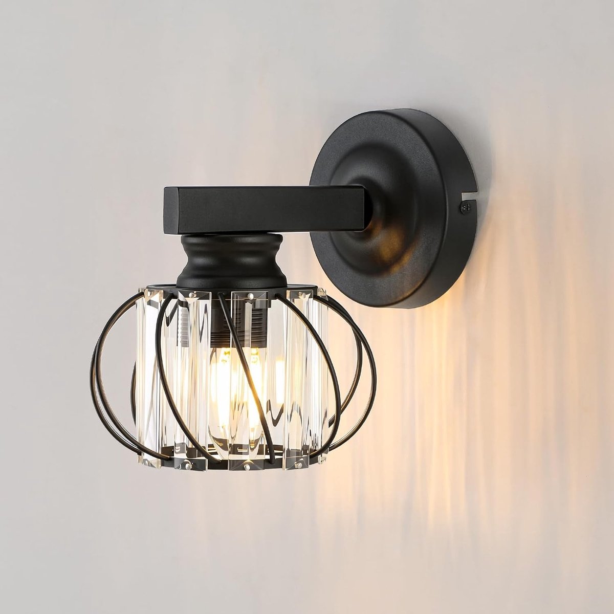 Wandlamp met Kristal - Zwart - 21 x 16,5 x 20 cm - Matzwarte Wandlamp met E27-fitting - Voor Woonkamer, Slaapkamer, Hal