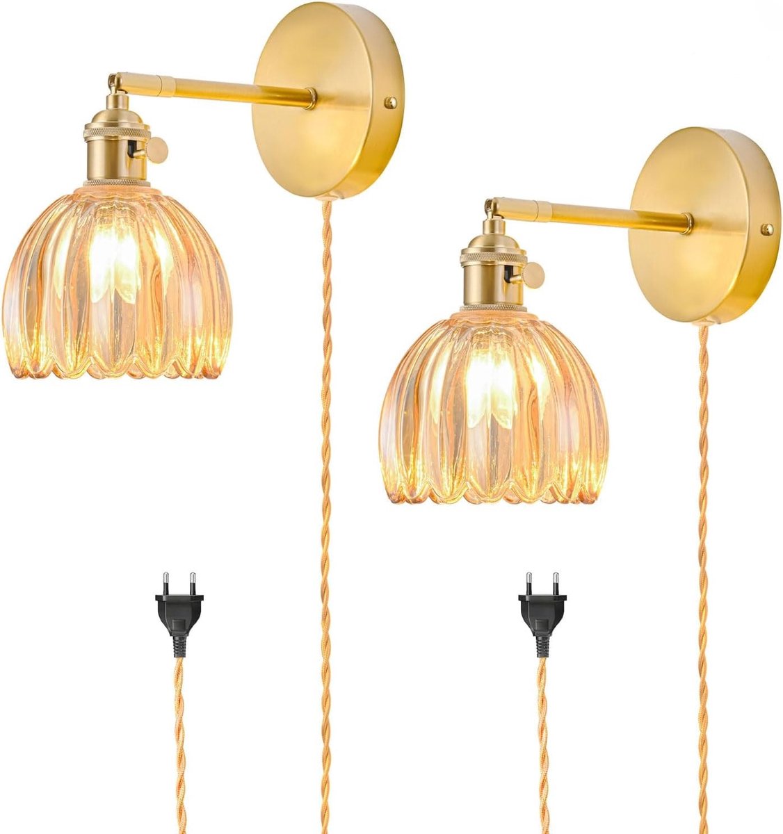 Wandlamp met Stekker - Amber - Met Stekker (2 Stuks) - Vintage Wandlamp met Tulpvormige Lampkap - Voor Binnengebruik