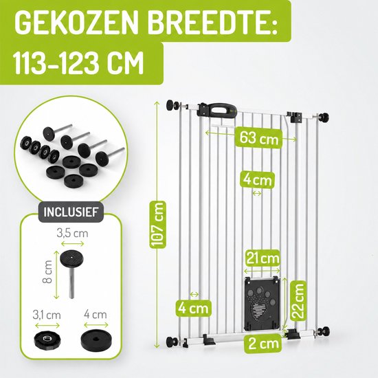 Wit traphekje met afmetingen: 107 cm hoog en 113-123 cm breed. Inclusief montageaccessoires.