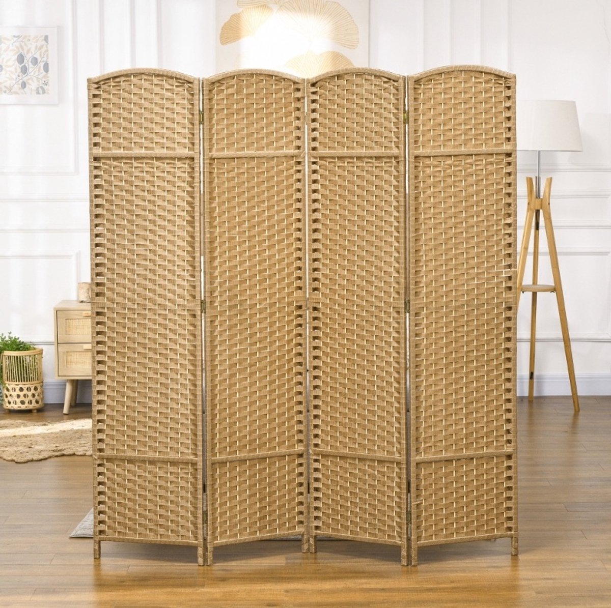 REDOM - Kamerscherm - 4-delig opvouwbaar - Privacy scherm - Geweven structuur - Woonkamer slaapkamer en thuiskantoor - Hout en kunststof - Naturel - 160 x 1,6 x 170 cm