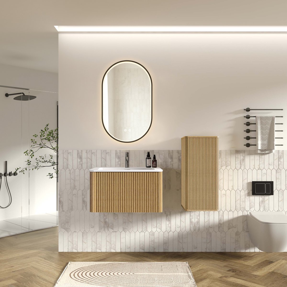 MIVRAY Badkamermeubel Set - Wandhangend Met Led Spiegel En Wastafel - Voor Badkamer En Gastentoilet - Eikenkleur - 81 Cm