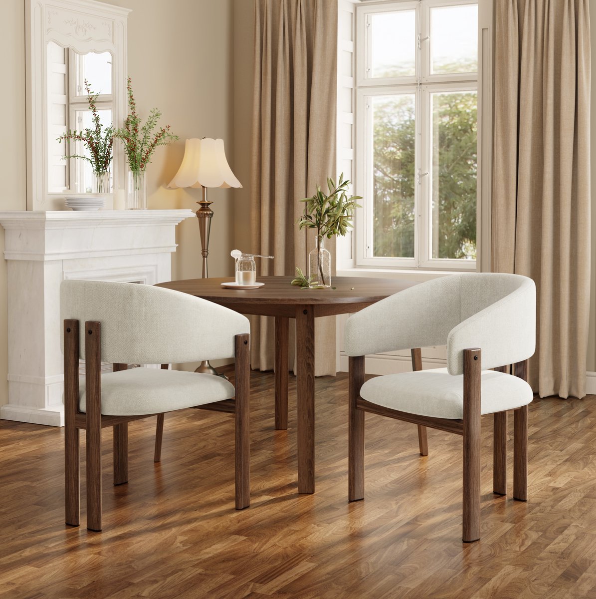 OKWISH Eetkamerstoel Set van 4 – Met Armleuningen en Walnootlook – Comfortabele Linnenstof Stoel voor Eetkamer, Woonkamer en Café – Beige