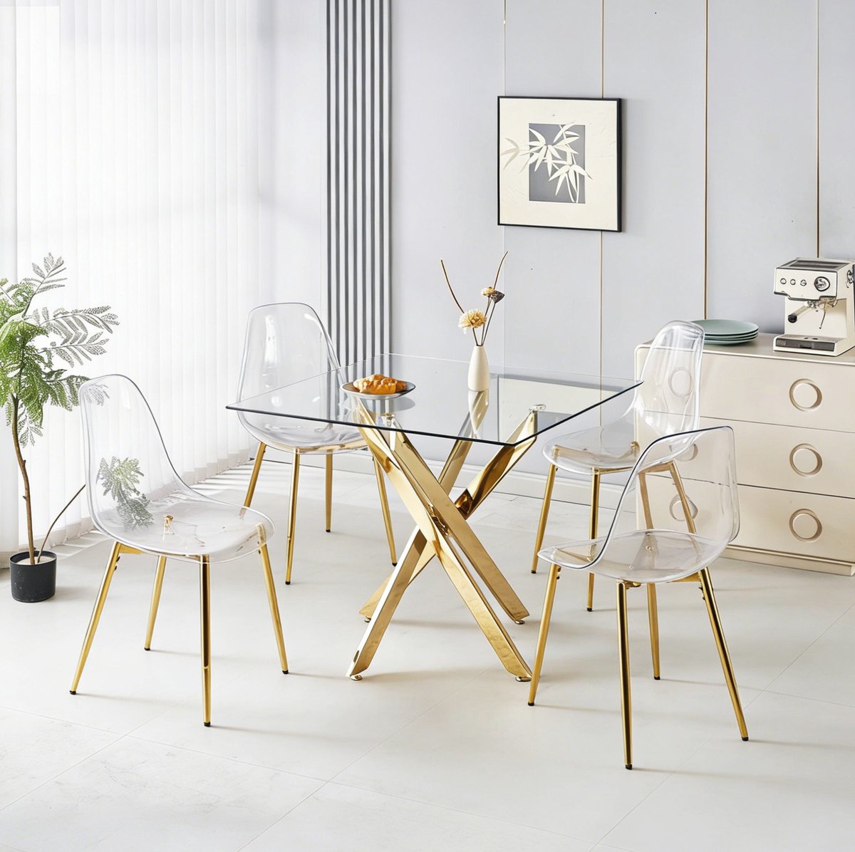Wishdor Eetkamerset 1 tafel 4 stoelen - Modern design met transparante zitting en gouden metalen poten - Voor eetkamer en make-uptafel