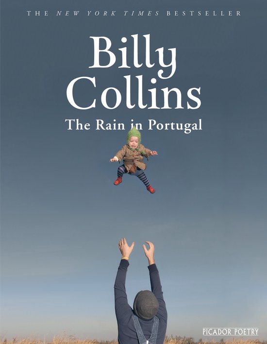 Couverture de livre avec un bébé qui saute dans les airs, texte 'Billy Collins The Rain in Portugal'.