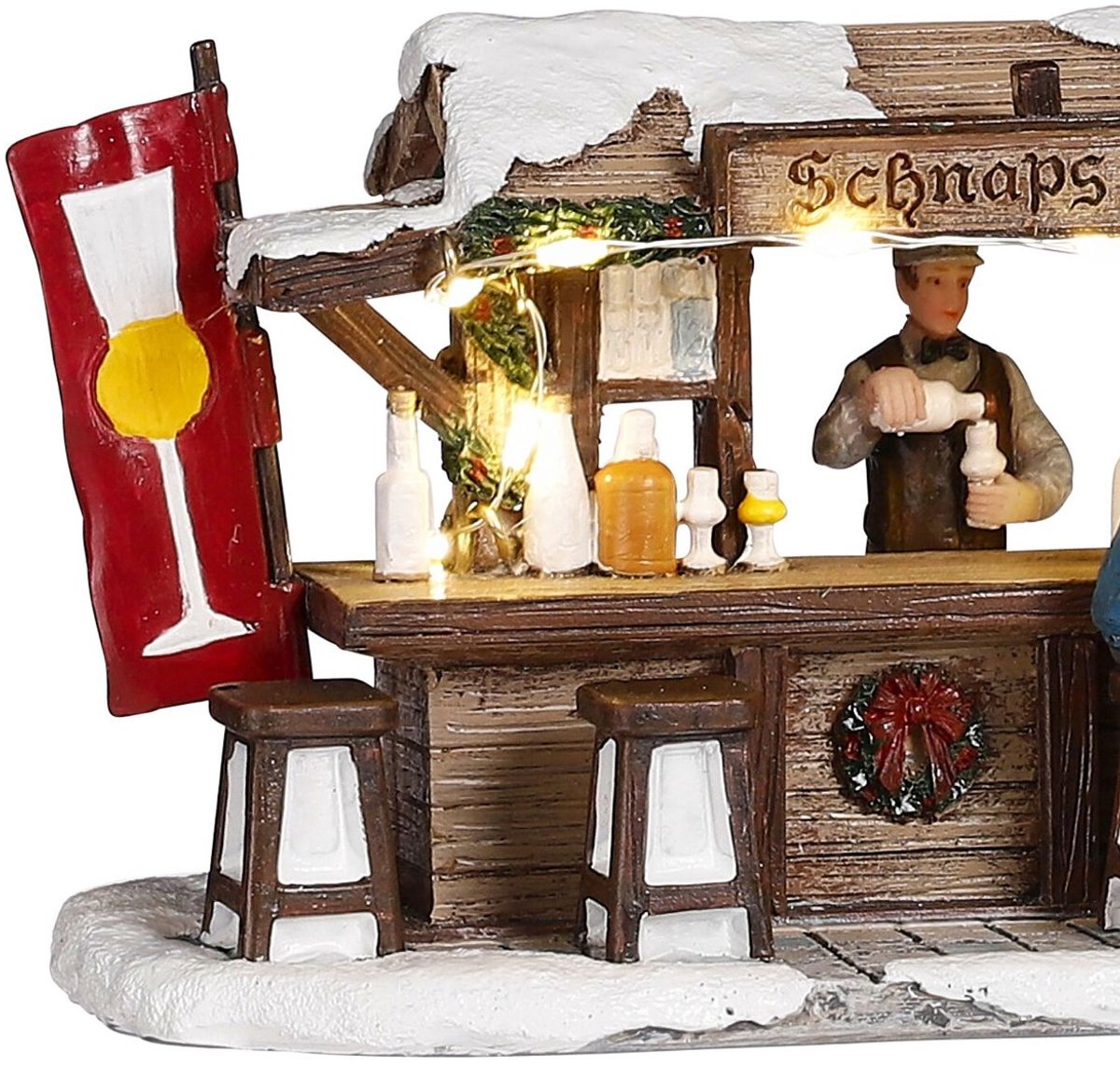 Luville Kerstdorp Miniatuur Schnaps Markt - Kerstversiering met Verlichte Schnapskraam - Guirlande voor je Kerstdorp - Kerstslingers met Proostende Figuren - L16 x B8 x H9 cm – foto 4