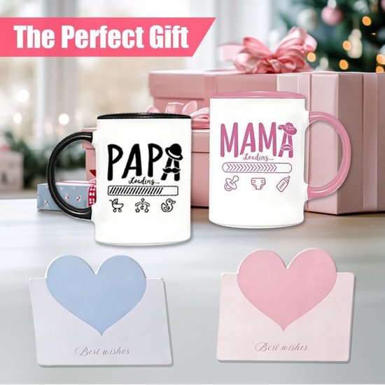 Mokkenset Mama Papa - Ouder Cadeau - Zwangerschap Aankondigen - Inclusief Wenskaarten - 350 ml - Zwart Roze — afbeelding 3
