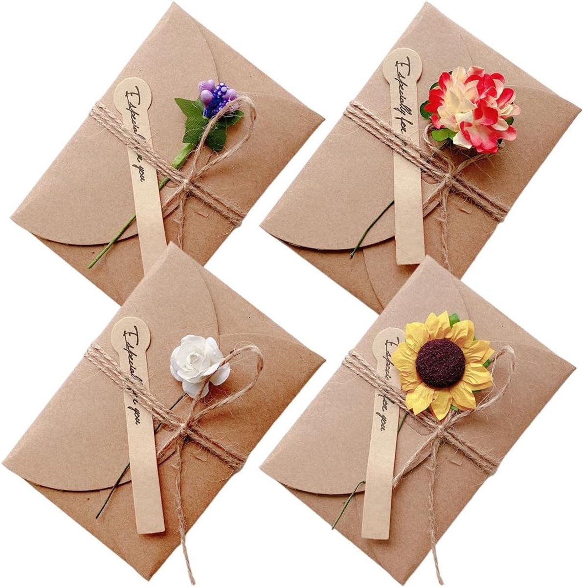Wenskaarten met Retro Enveloppen - Kraftpapier - 10,5 x 7,1 cm - Handgemaakt met Gedroogde Bloemen - Voor Elke Gelegenheid