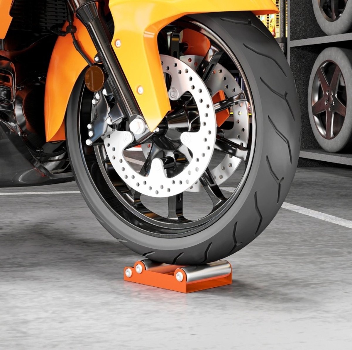 REDOM - Motorfietsreiniger - Rollenstandaard voor wielreiniging en kettingonderhoud - Stalen frame met aluminium rollen - Voor voor- en achterwiel - Voor banden tot 180 mm - Oranje - 19 x 15,5 x 6,5 cm
