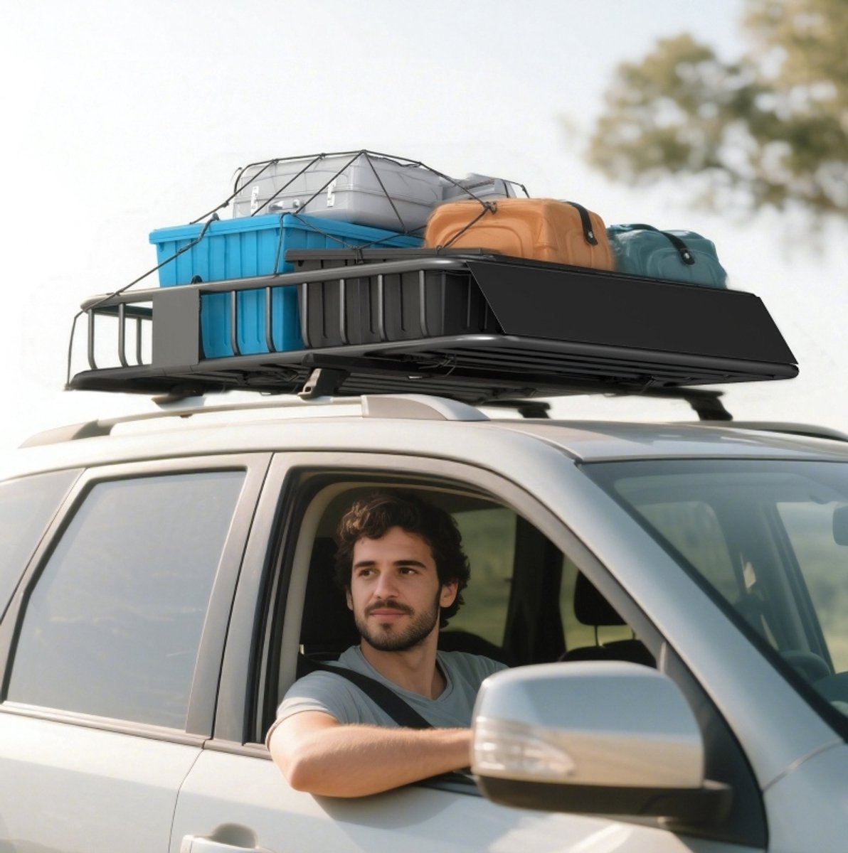 REDOM - Dakgepäckträger - Universele dakmand met windscherm en zijrails - Voor veilige bevestiging van bagage - Voor auto's met dwarsstangen - Stalen - Zwart - 110,5 x 99,5 x 18,5 cm