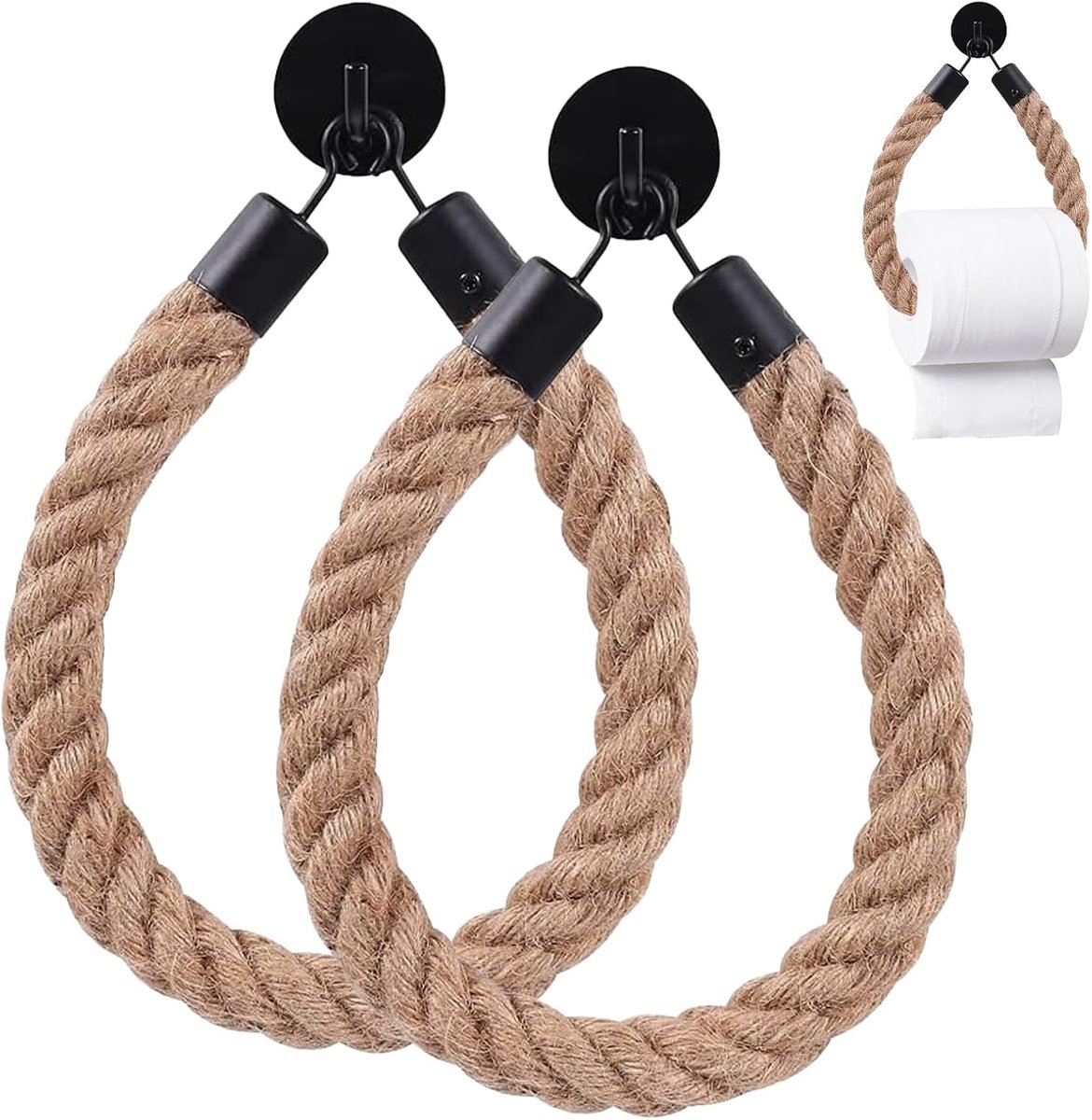 Set van 2 landelijke jute touw toiletrolhouders met zwarte metalen zelfklevende bevestiging, boorloze wandpapierhouder voor badkamer, toilet en keuken, boerderij stijl decoratieve papierhouder