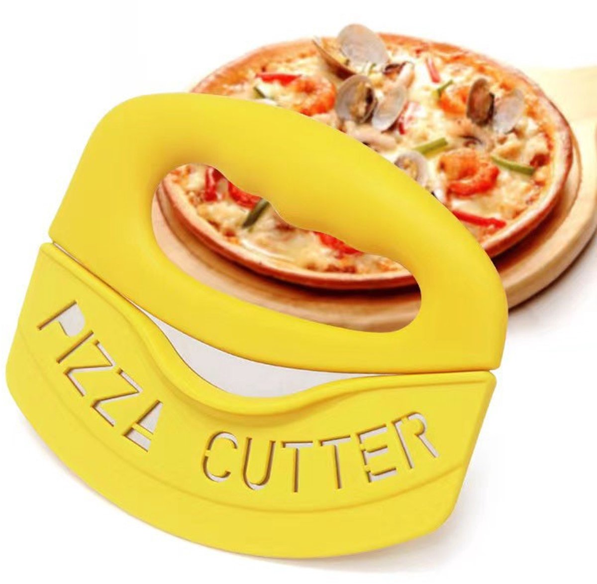 Handige Pizza Snijder Met Veilige Beschermkap - Roestvaststalen Lemmet Voor Pizza, Quiche en Gebak-Compact Pizza Cutter Met Antislip Handvat, Geel Keukenhulpmiddel
