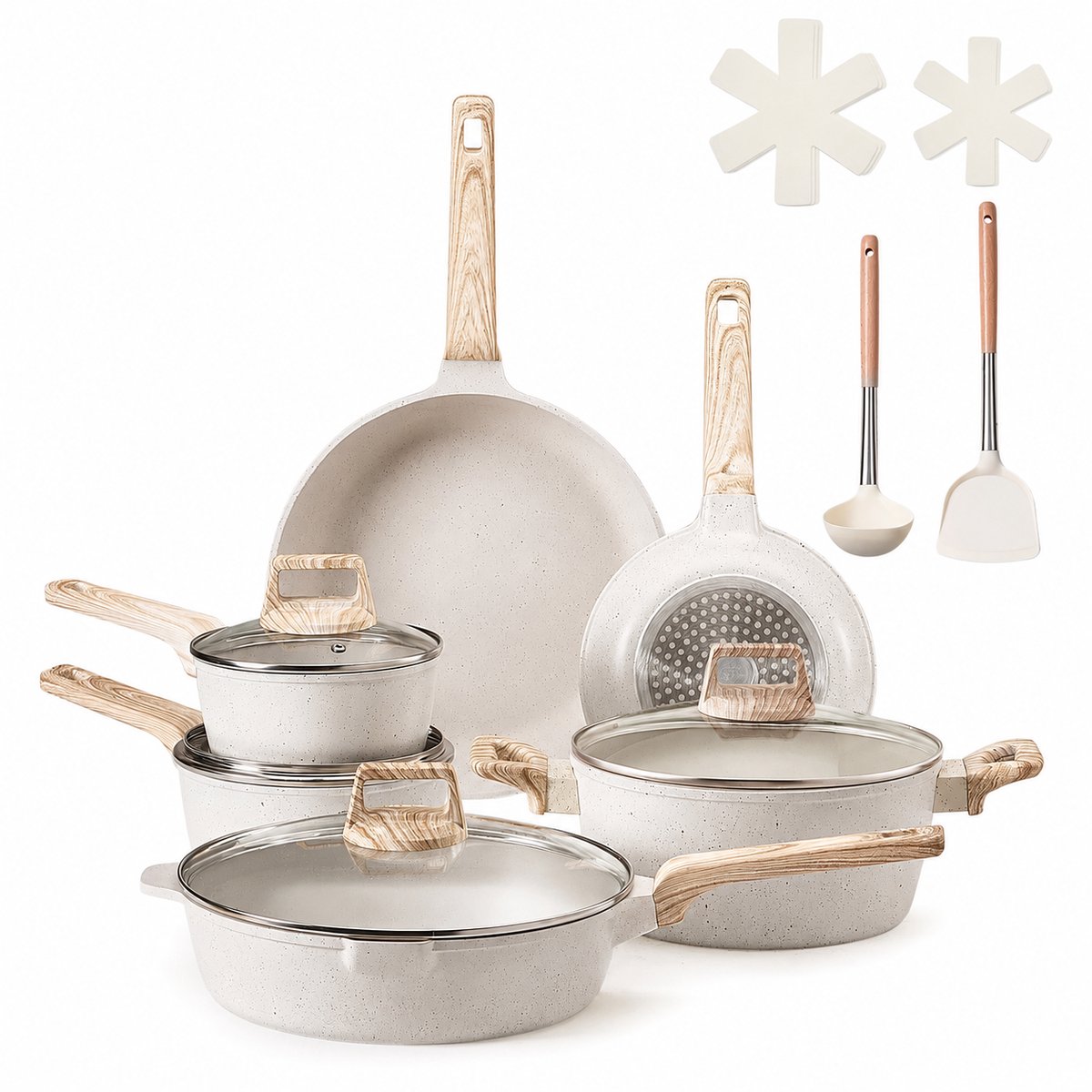Sello! 17-delige pannenset – granieten antiaanbaklaag – inductie – gas – elektrisch – 2,5mm dik aluminium – glazen deksel