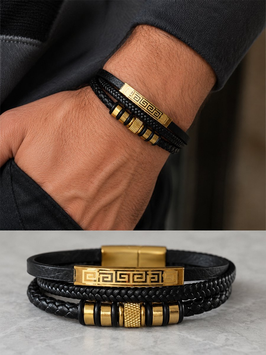 Anelplus Heren Armband – Zwart met Goudkleurige Details – Stijlvolle Armband voor Mannen