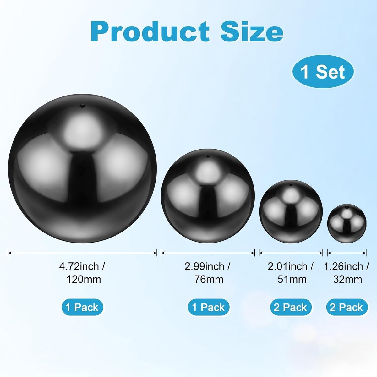 Set van 6 Reflecterende Drijvende Bollen voor Tuin en Vijver - Roestvrijstalen Decoratie voor Buiten, 5 Inch en 3 Inch, Zwart
