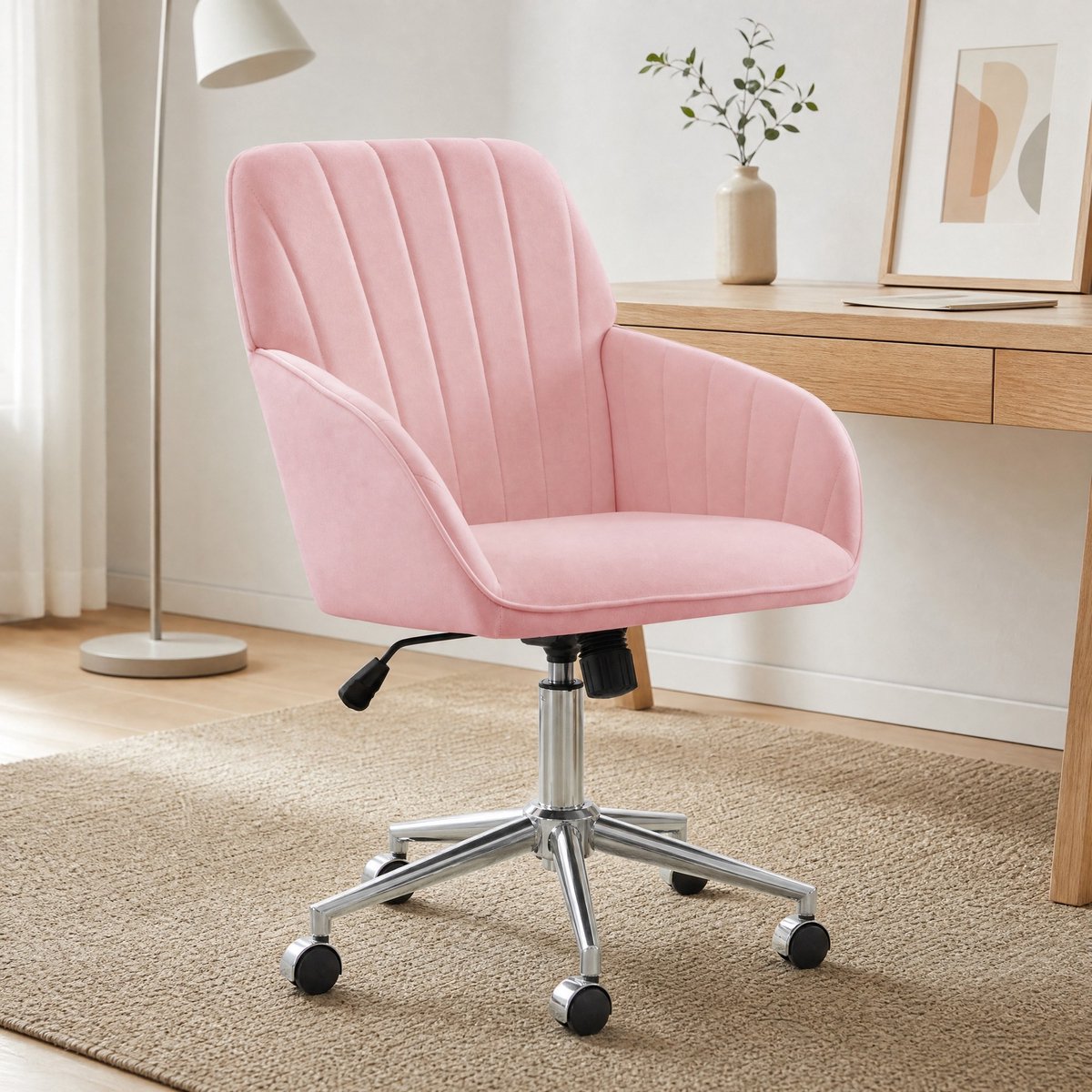 Wishdor Bureaustoel - Verstelbare zithoogte 360° draaibaar - Met wielen en vaste armleuningen - Ergonomisch - Voor kantoor slaapkamer thuis - Roze fluweel - 60 x 58 x 97 cm
