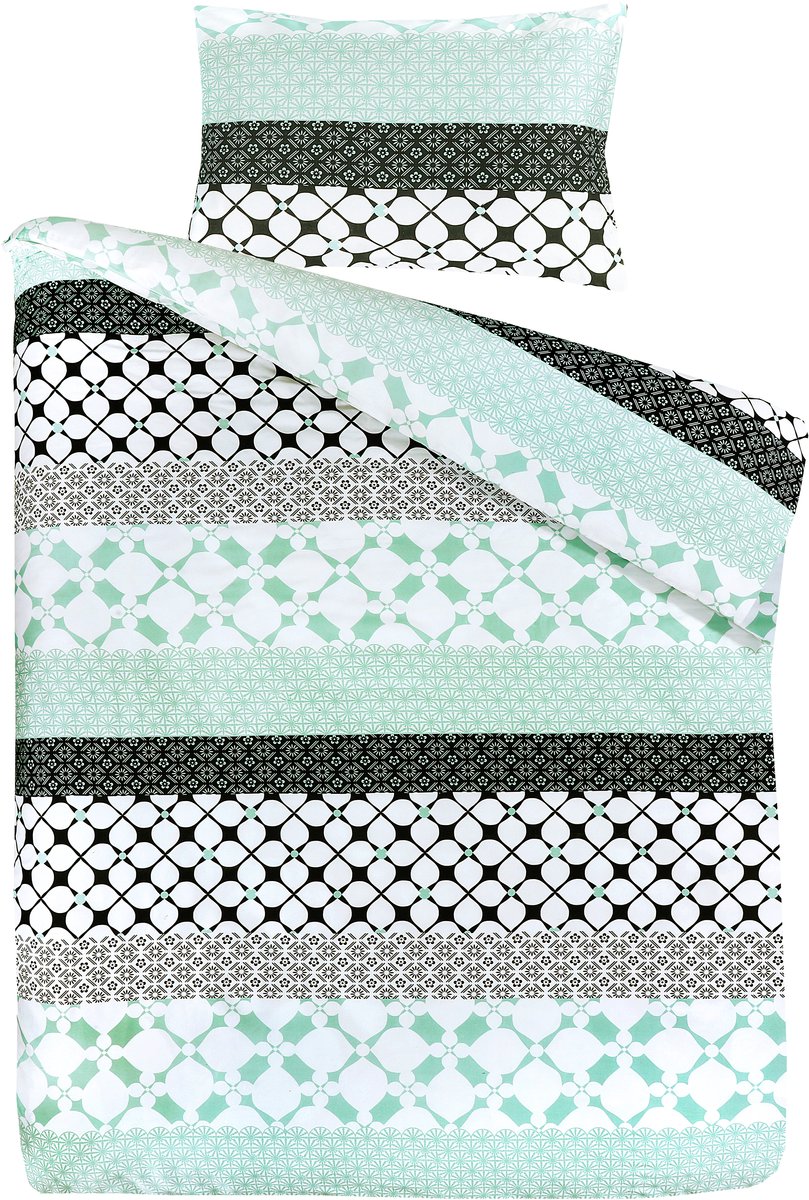 Padiro dekbedovertrek 135 x 200 cm - multi / groen - geometrisch ornament design - katoensatijn - geometrisch patroon - met 1 kussensloop 80 x 80 cm