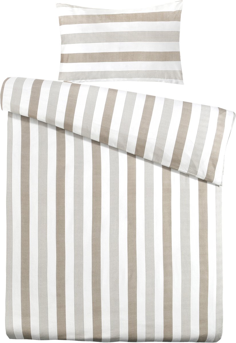Padiro dekbedovertrek 225 x 225 cm - taupe - minimalistisch gestreept design - katoensatijn - met 2 kussenslopen 50 x 75 cm