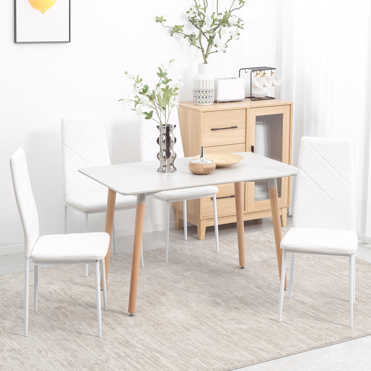 OKWISH Eetkamerstoel Set Van 4 – Gepolsterde Stoelen Met Hoge Rugleuning en Ruitstiksel – Voor Woonkamer Keuken En Eetkamer – Kunstleer – Wit